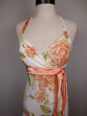 Trixxi Floral Halter Dress Peach White Empire Waist Satin Tie Midi, Flirty Flowy